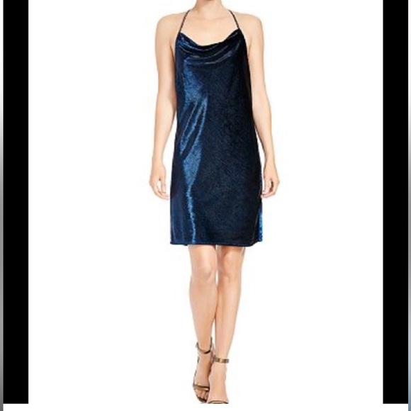 Halston Heritage Blue Velvet Metallic Shimmer Cowl Neck Strappy Back Dress 4 - Picture 4 of 16